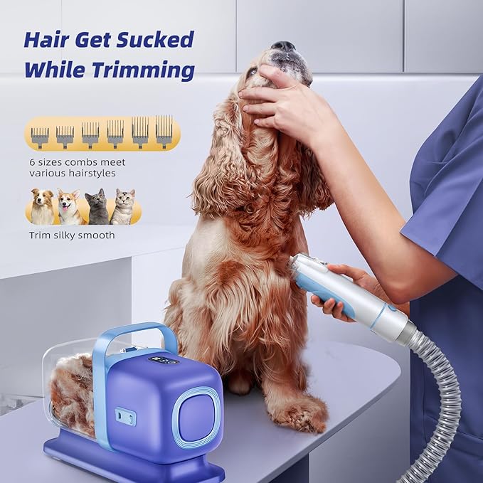 Buenkee Dog Grooming Vacuum Kit, 15000Pa Clipper, Shedding Brush, 2L, Blue