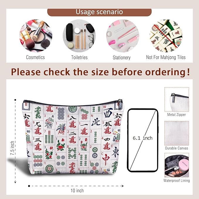 Zomhix Chinoiserie Chinese Mahjong Tiles Makeup Bag, Mahjong Gifts Cosmetic Bags for Women, Gifts for Mah Jong Players Lovers Makeup Zipper Pouch