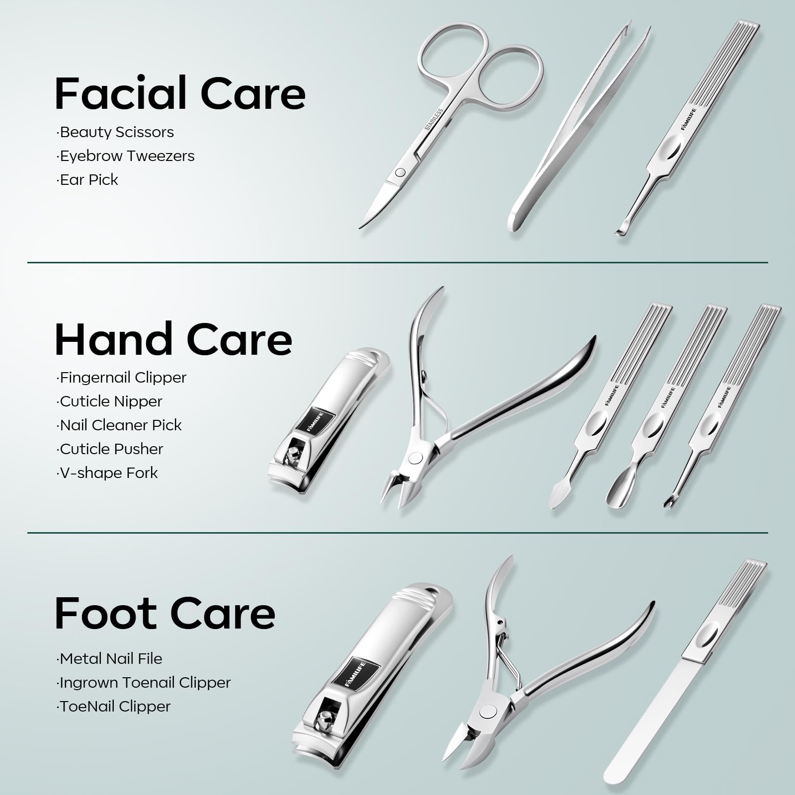 FAMILIFE Nail Kit, Professional Manicure Set Manicure Kit, 11 in 1 Stainless Steel Nail Clippers Set Pedicure Tools, Men Grooming Tool with Portable Blue Leather Travel Case Luxury Gifts for Him