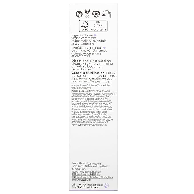 Pacifica Vegan Ceramide Barrier Repair Face Lotion, Hydrating, Lightweight Moisturizer, For Dry Skin, Dermatologist Tested, Safe for Sensitive Skin, Fragrance Free, 100% Vegan + Cruelty Free