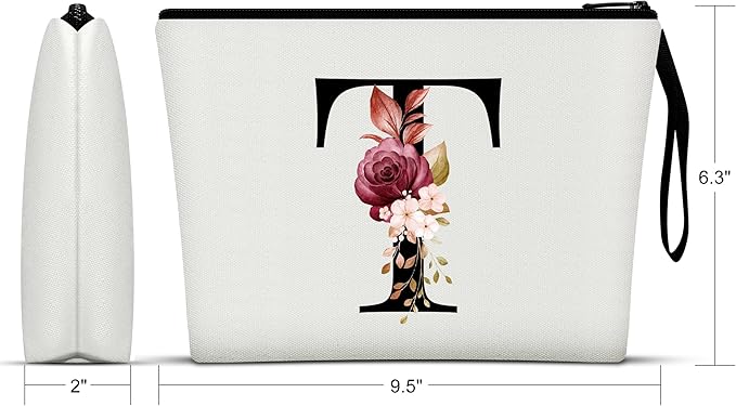 Vavabox A-Z Personalized Makeup Bag, Birthday Gifts for Women Mom, Gifts for Best Friend, Bride Bridesmaid Cosmetic bag (T, 01-White)