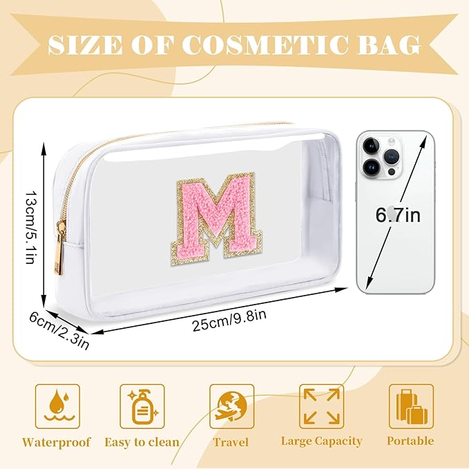 UIXIZQ Personalized Initial Letter Clear Makeup Bag,Preppy Small Nylon&PVC Cosmetic Zipper Bag with Chenille Letter,Travel Skincare Toiletry Bag,Monogram Christmas Gift for Teen Girls Women,M