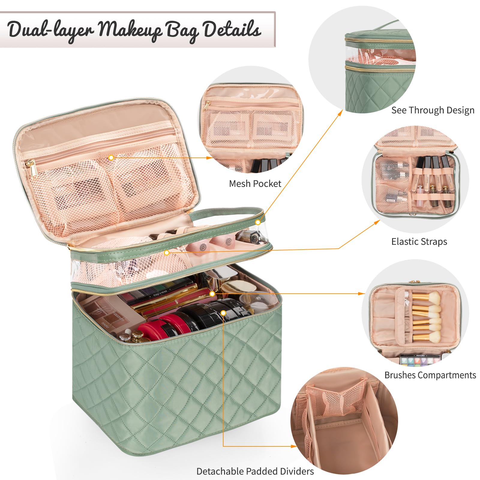 OCHEAL Large Makeup Bag, Double Layer Makeup Bag, Vertical Storage Cosmetic Case for Women/Girls with Multiple Compartments-Green