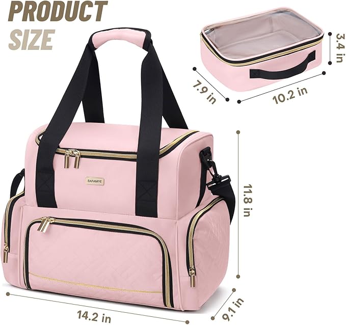 BAFAMYE Large Makeup Cosmetic Bag with 2 Removable Case, Double Layer Travel Makeup Organizer Case, travel Toiletry Bag For Women, Pink