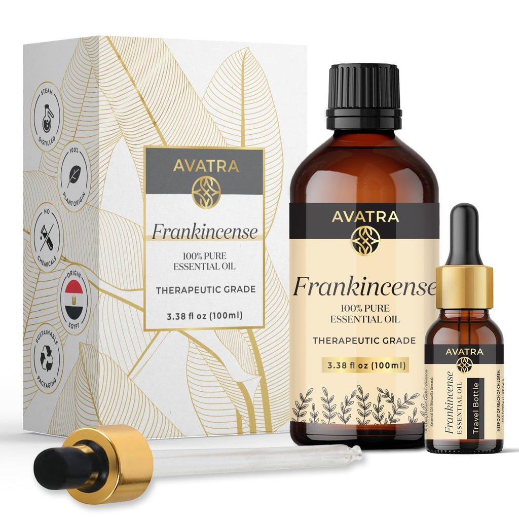Avatra Frankincense Essential Oil 100ML (3.38 OZ) with Glass Dropper and Travel Bottle, Pure and Natural Therapeutic Grade Frankincense Oil for Diffuser, Aromatherapy, Massage, and DIY Candle Products