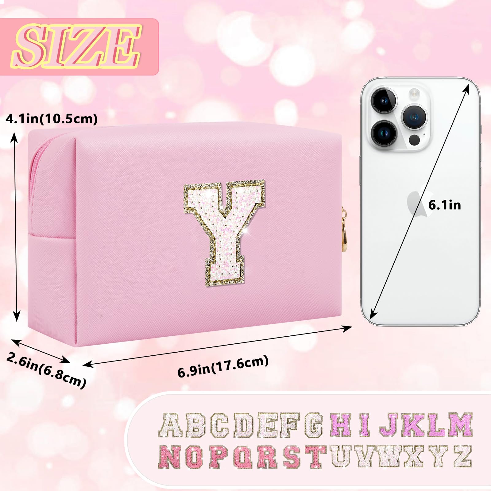 Initial Letter Patch Makeup Bag, Preppy Glitter Letter Pouch Cosmetic Bag,Small PU Travel Toiletry Bag Zipper,Personalized Monogrammed Gift for Friends Sister,Cute Stuff for Women Teen Girls(Letter Y)