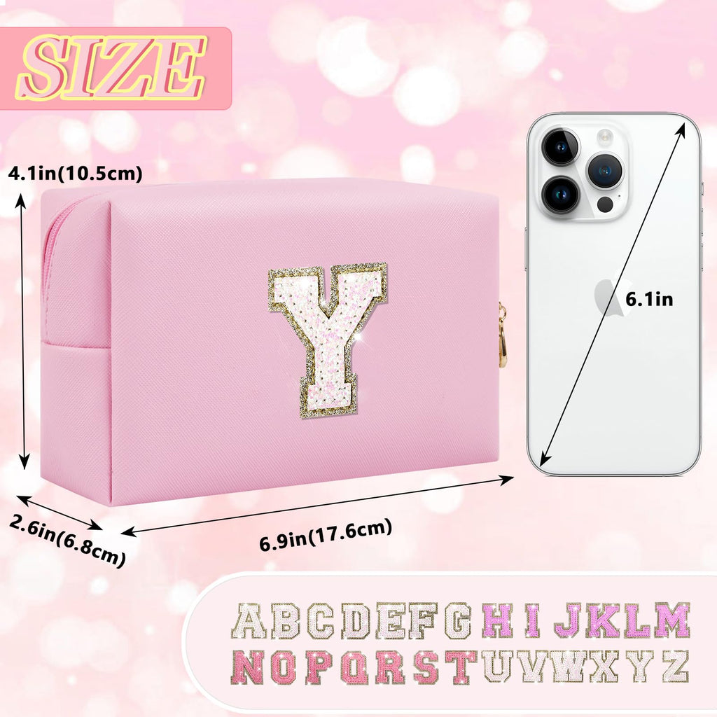 Initial Letter Patch Makeup Bag, Preppy Glitter Letter Pouch Cosmetic Bag,Small PU Travel Toiletry Bag Zipper,Personalized Monogrammed Gift for Friends Sister,Cute Stuff for Women Teen Girls(Letter Y)