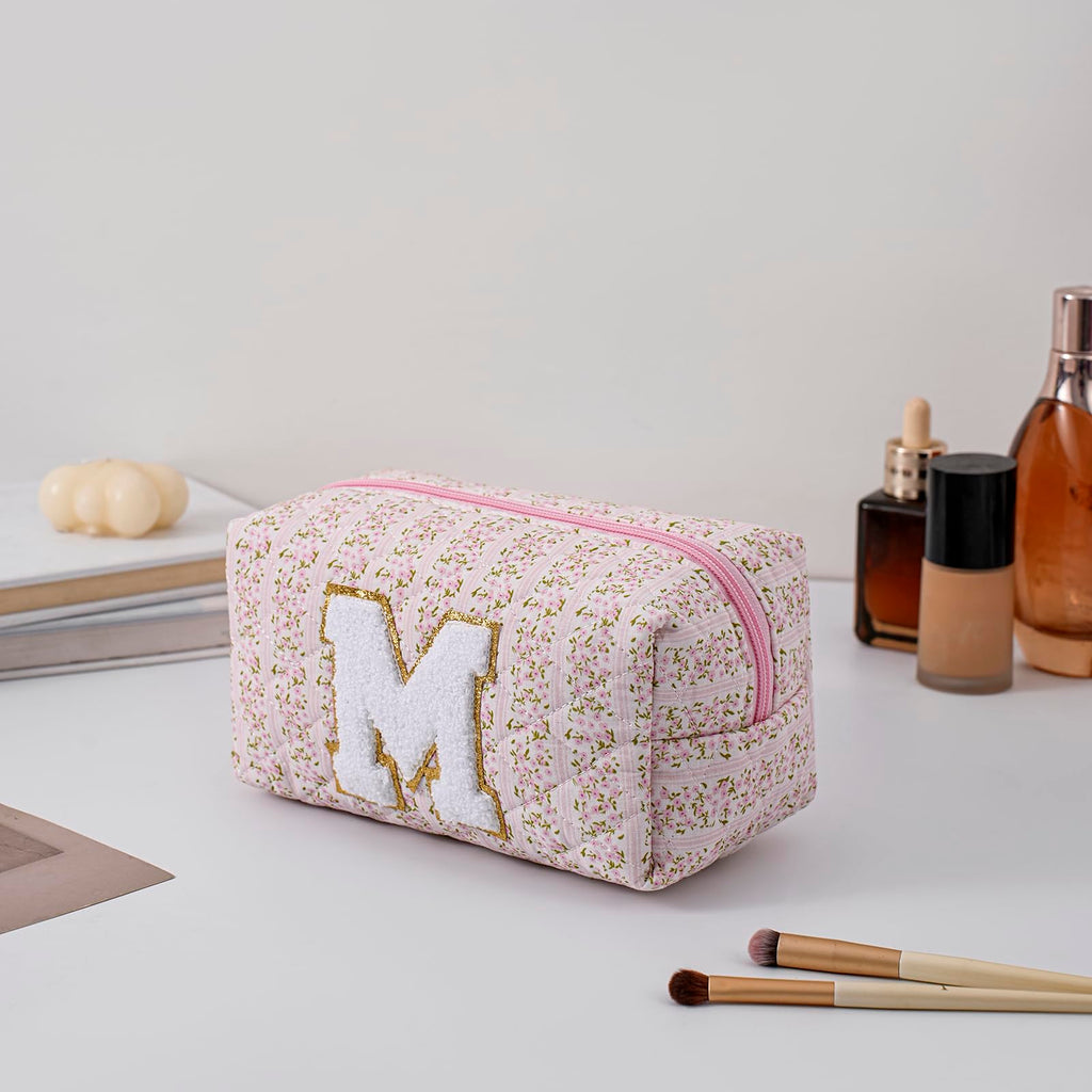 JOVAKIT Makeup Bag Cosmetic Bags for Women, Christmas Gifts for Girls Age 6-18, Alphabet Pink Floral Coquette Zipper Travel Makeup Pouch, Organizer Case Trendy Stuff (Pink+ Blue M)