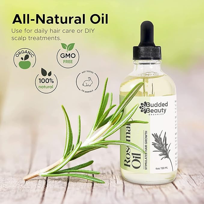 BuddedBeauty Organics Natural Rosemary Essential Oil for Hair Growth - Hair Treatment with Dropper Bottle for Women and Men