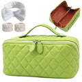 Cuteseason PU Leather Makeup Bag for Women, Structured Makeup Case with Wide Opening, Travel Cosmetic Bag with Compartments and Handle, Water-Resistant Makeup Organizer(Green Diamond Quilted)
