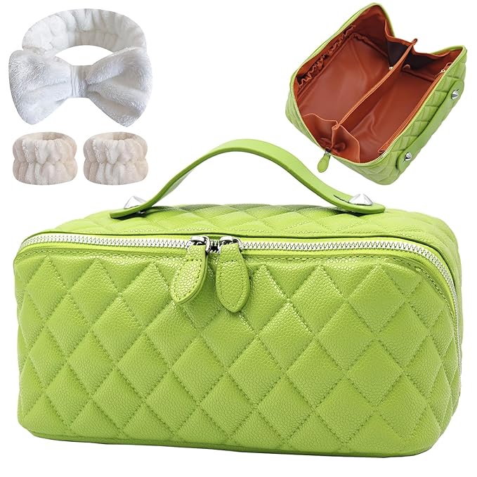 Cuteseason PU Leather Makeup Bag for Women, Structured Makeup Case with Wide Opening, Travel Cosmetic Bag with Compartments and Handle, Water-Resistant Makeup Organizer(Green Diamond Quilted)