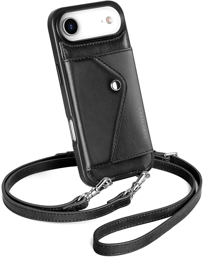 LUCKYCOIN Crossbody Phone Case for iPhone Air,100% Genuine Leather Phone Wallet Case for Women,Fashion Premium Hands-Free Phone Purse with Expandable Flip Card Holder & Adjustable Strap - Retro Black