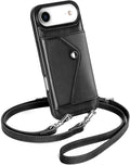 LUCKYCOIN Crossbody Phone Case for iPhone Air,100% Genuine Leather Phone Wallet Case for Women,Fashion Premium Hands-Free Phone Purse with Expandable Flip Card Holder & Adjustable Strap - Retro Black