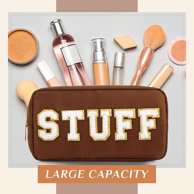 Cunno Preppy Makeup Bags Chenille Letter Stuff Bag Nylon Cosmetic Pouch Cases with Zipper for Women Travel Toiletry(Brown Set,Classic,4 Pcs)