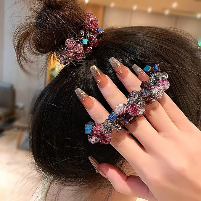 Siluannan Crystal Beaded Hair ties Scrunchies, Pink and Blue Glass Beads, Black Elastic Band, 2 Pack hair accessories for women。