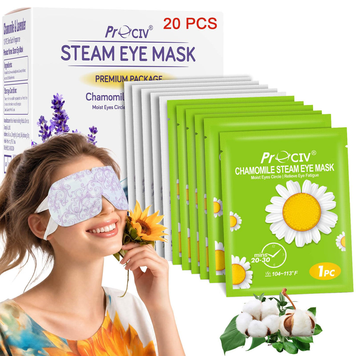 ProCIV 20 Packs Steam Eye Masks, Warming Eye Masks for Dark Circles, Disposable Self-heating Hot Eye Mask Soothing Headache, Dry Eyes, Heating Eye Mask for Stress Eye Fatigue Relief
