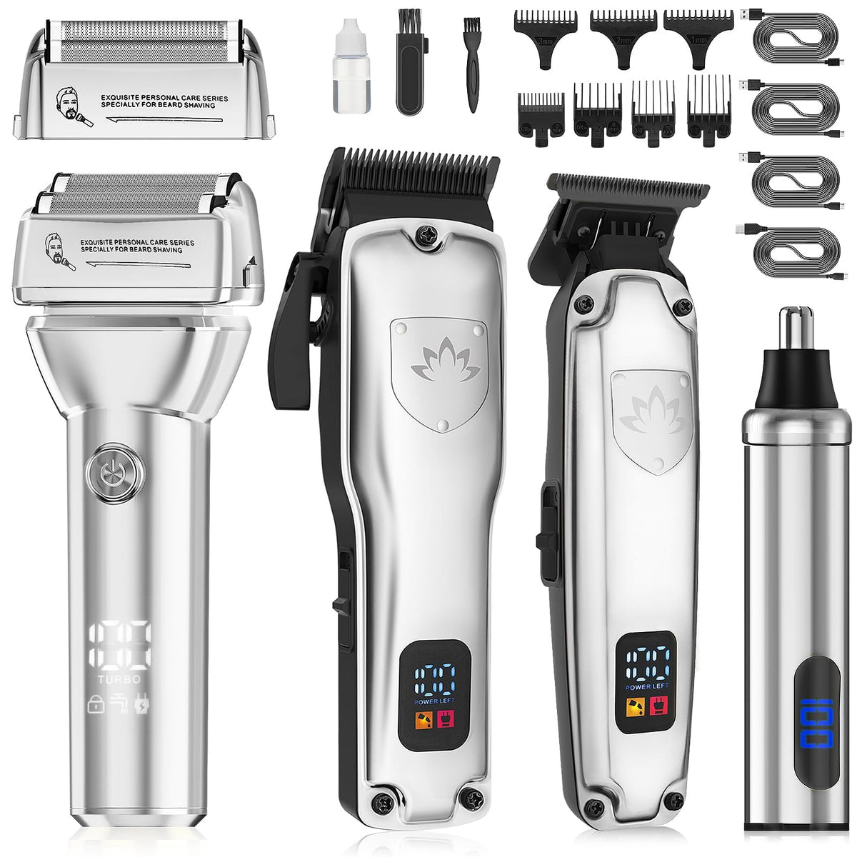 Dumite Professional Hair Clippers for Men,Hair Clippers+T-Blade Trimmer+Electric Shaver+Nose Hair Trimmer Set,4 in 1 Cordless Barber Hair Cutting Kit LCD Display Gifts (Gray)