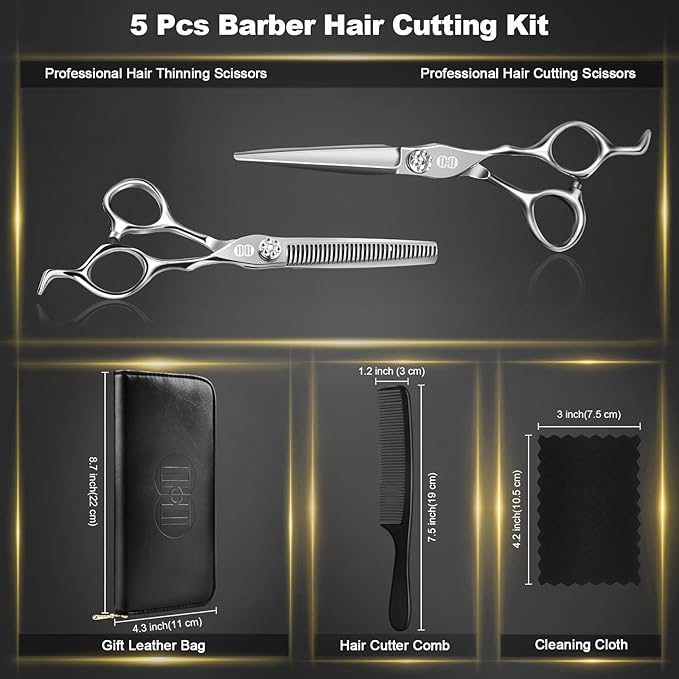 CIICII Professional Hair Cutting Scissors Kit, 440C 7″ Barber Shears Set