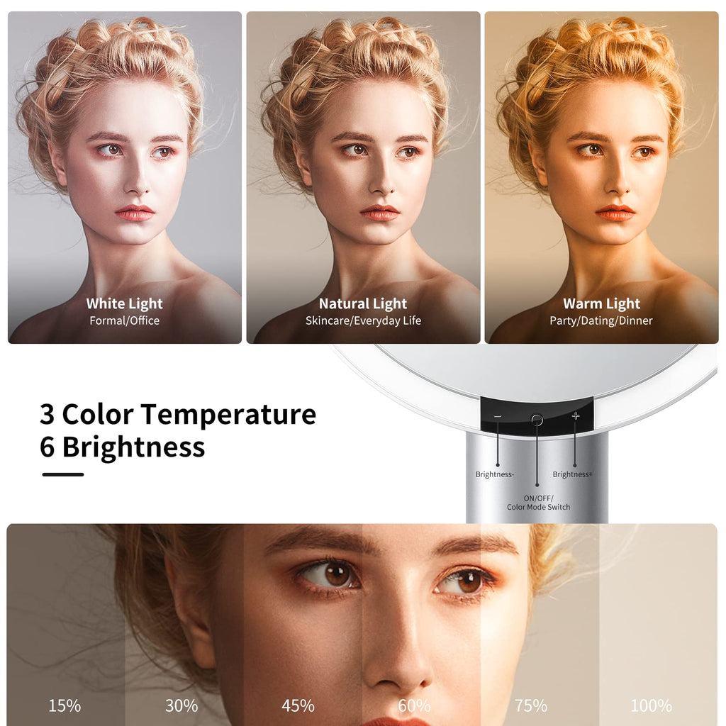 AMIRO 9"LED Makeup Mirror with 10X Magnification,3Colors&6 Brightness,White