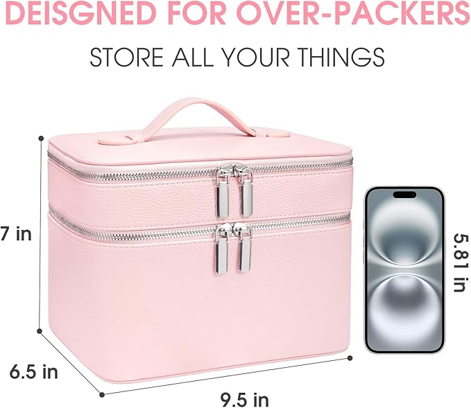 idoltimes Makeup Case, Large Capacity Waterproof Double Layer Cosmetic Bag with Removable Divider, Double Compartment Brush Organizer, Multi-functional Travel Organizer