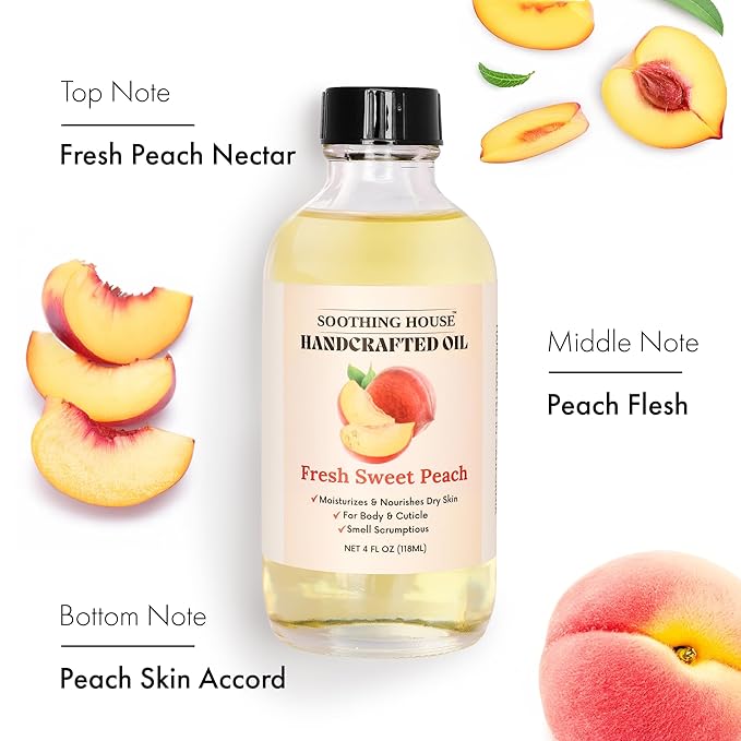 Soothing House Fresh Sweet Peach Body Oil - Moisturizing Sweet Body Oil for Soft, Glowing Skin with Almond & Jojoba Oil (4 fl oz)