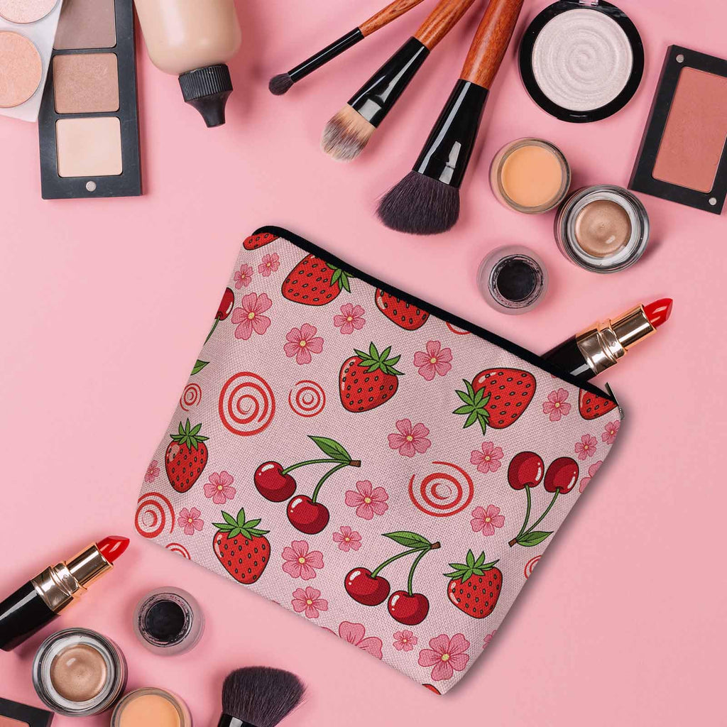 Kalygon Strawberry Makeup Bags Makeup Organizer, Summer Strawberries Cherries Pink Flax Toiletry Bags Travel Cosmetic Bag Makeup Purse Pouch Skincare Bag Wallet Bags For Women Female Mom Daughter