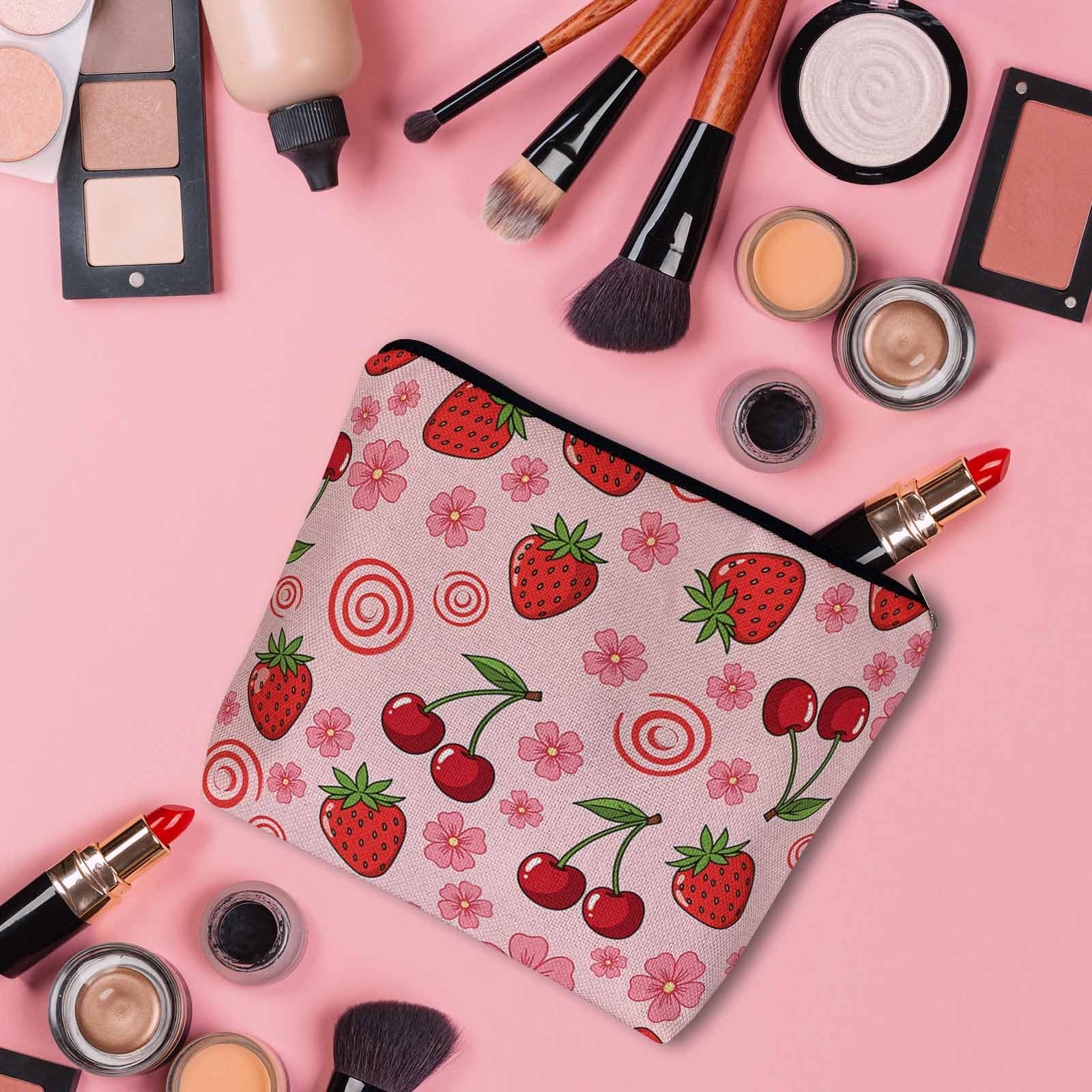 Kalygon Strawberry Makeup Bags Makeup Organizer, Summer Strawberries Cherries Pink Flax Toiletry Bags Travel Cosmetic Bag Makeup Purse Pouch Skincare Bag Wallet Bags For Women Female Mom Daughter