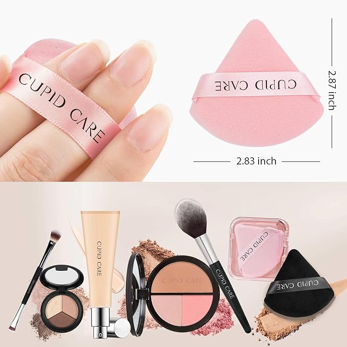 CUPID CARE 6 Pcs Triangle Powder Puff with 2 Travel Cases, Setting Powder Puffs for Face, Velour Makeup Puff for Loose Powder Body Powder, Blender Sponge Foundation Blending Sponges Beauty Tools