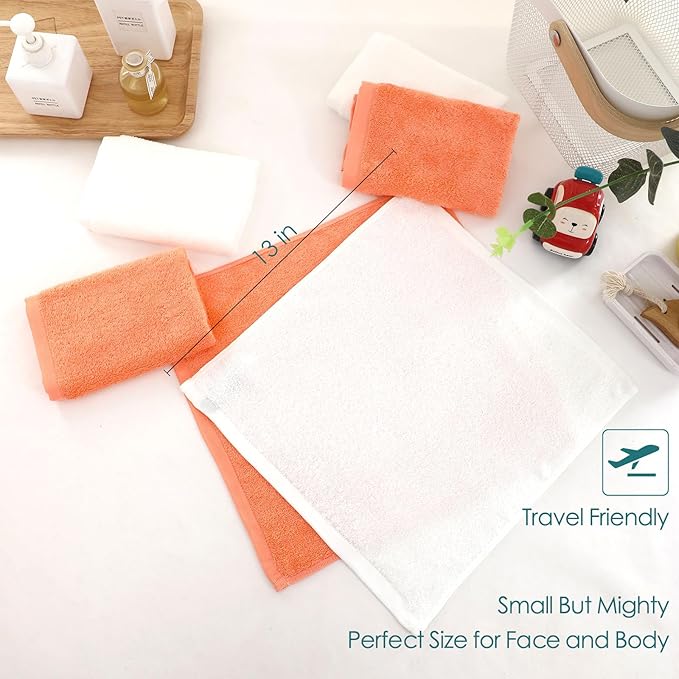 Wash Cloths 12 Pack,Face Towel for Sensitive Skin,13''x13'',White+Orange