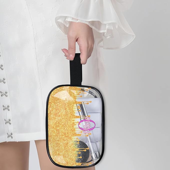 KFNHN Personalized Clear Makeup Bag with Name, Best Friends Teen Women Mom Birthday Gift PVC Cosmetic Toiletry Travel Bag for Toiletries, Gold Color Bling Glittering