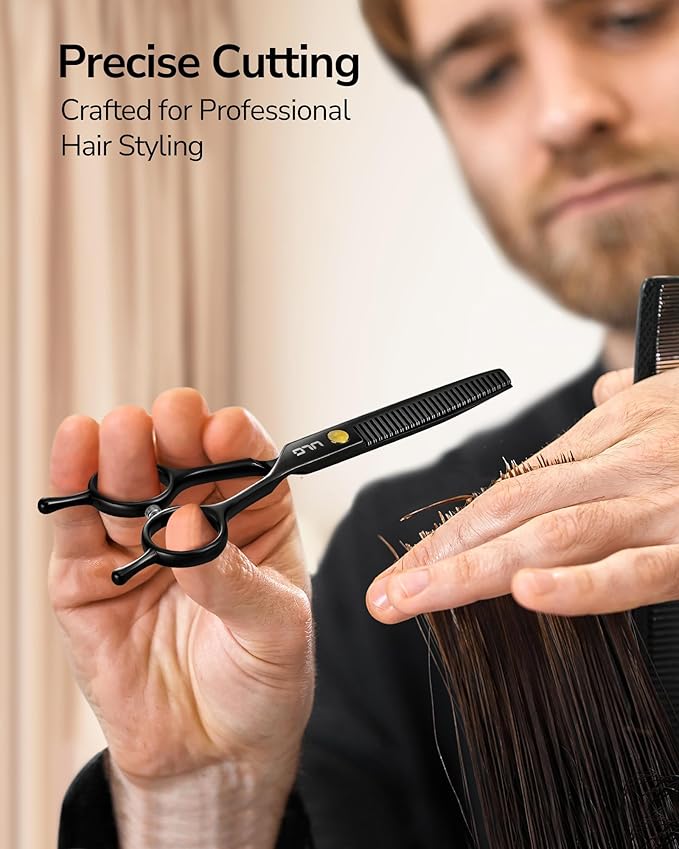 ULG 6.5" Professional Texturizing & Thinning Shears with Haircut Comb, Ultra Sharp Japanese Stainless Steel, Ambidextrous Ergonomic Handle for Barbers, Stylists, Salon & Home Use, Black