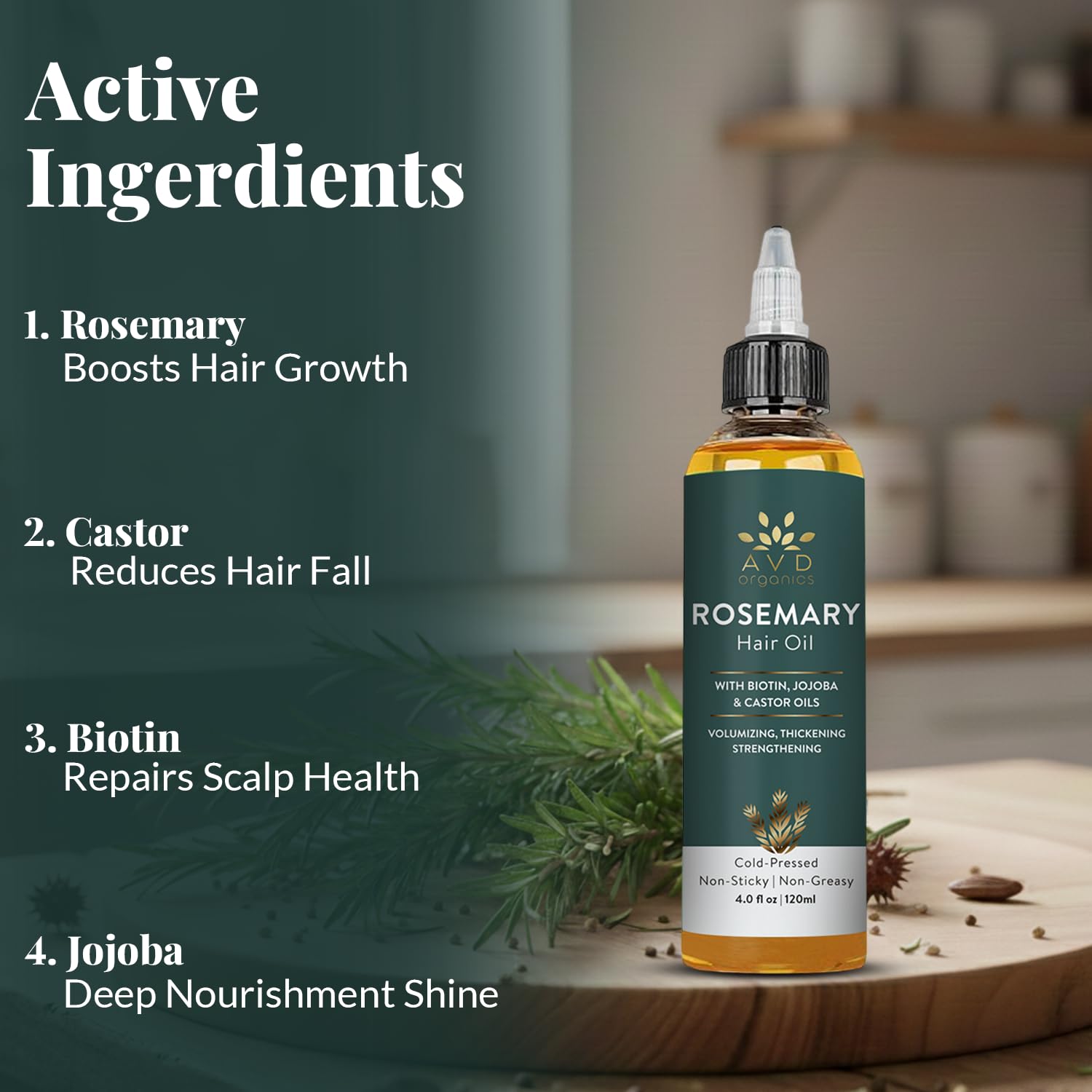 AVD ORGANICS Rosemary Oil for Hair Growth & scalp | Infused with Biotin | Hair Strengthening, Nourishing and Volumizing | infused with Jojoba & Castor Oil | NON - GMO 120ml