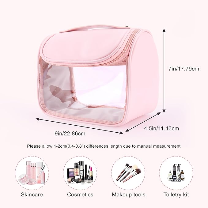 YFG Travel Toiletry Bag for Women & Men, Transparent Cosmetic Organizer with Hook, Portable, Organizer, for Travel-Sized Shampoo, makeup Accessories, Brushes Set, Conditioner, Medium Size Pink