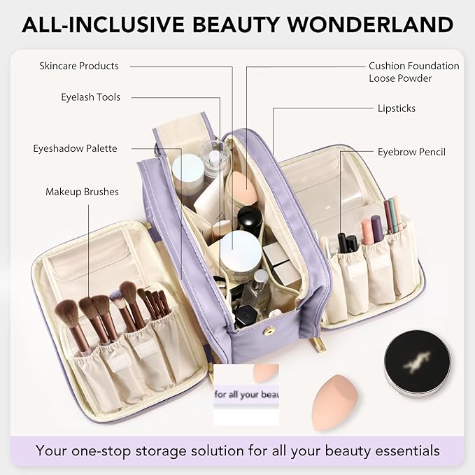 HauteHues Travel Makeup Bag Women's Large Capacity Cosmetic Portable Organizer Large Opening Waterproof Storage Toiletry Bags Vertical Free-Standing Brush Holder for Easy Access Purple