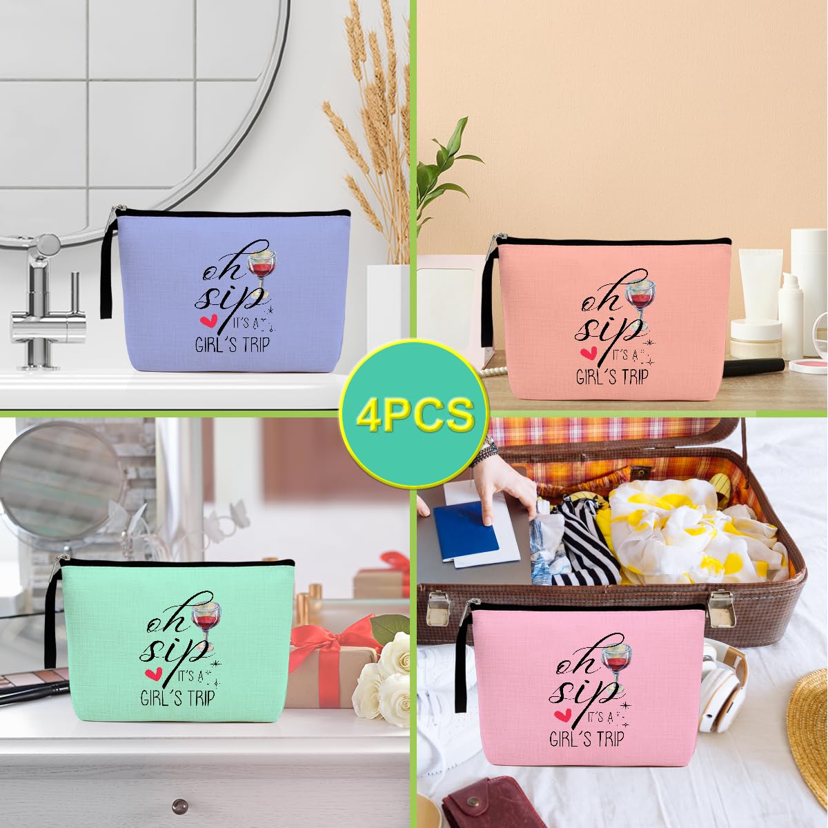 4 Pcs Girls Trip Gifts Favors Weekend Makeup Bag, Girls Trip Gifts