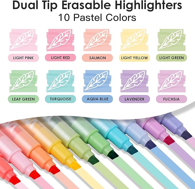 HANKU Erasable Highlighters, 10 Assorted Pastel Colors, Dual Tip Markers