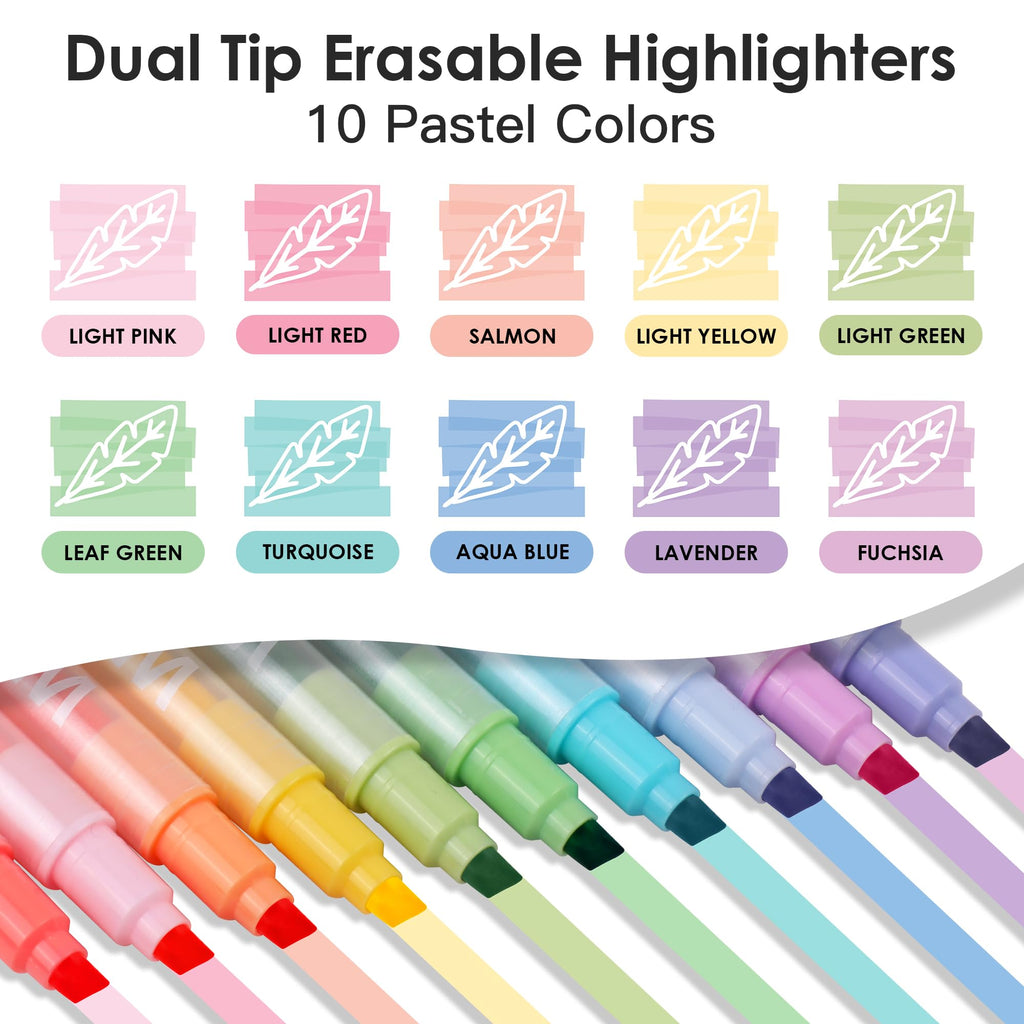 HANKU Erasable Highlighters, 10 Assorted Pastel Colors, Dual Tip Markers