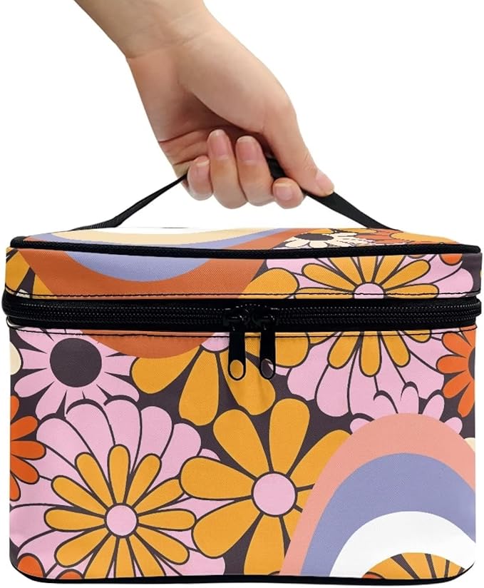 Drydeepin Hippie Daisy 70s 80s Wavy Swirl Design Makeup Bags for Women Large Capacity Toiletry Organizer Bags Portable Tote Cosmetic Pouch with Carry Handle and Brushes Slots Travel Sccessories