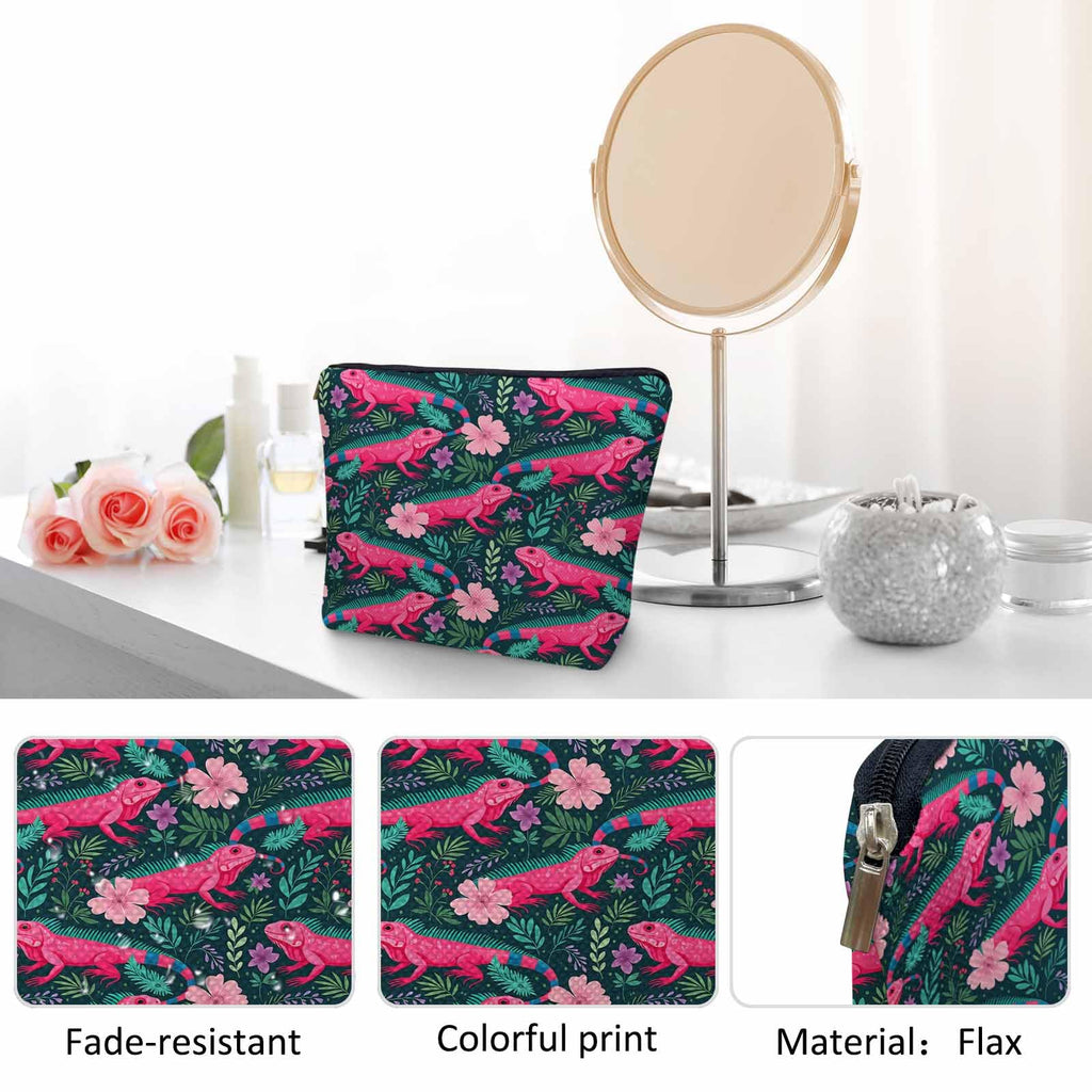 Kalygon Lizard Cosmetic Travel Bag For Toiletries, Tropical Animal Floral Lizard Makeup Bag Toiletry Bags For Women, Flax Cosmetic Bags Make Up Bag Purse Toiletries Bag Birthday Gift