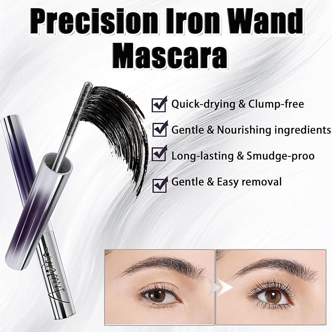 Iron Wand Mascara, Metal Wand Mascara, 3D Curling Metal MascaraWand, Clump-Free, Waterproof & Smudge-Proof Formula For Naturally Long, Thick Lashes (2PCS)