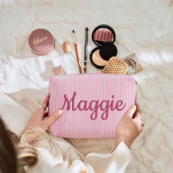 Ajiangwu Personalized Makeup Bag with Embroidered Name&Birth Flower for Bridesmaid Gifts,Custom Small Travel Cosmetic Bag Toiletry Bag Wedding Gifts for Bride