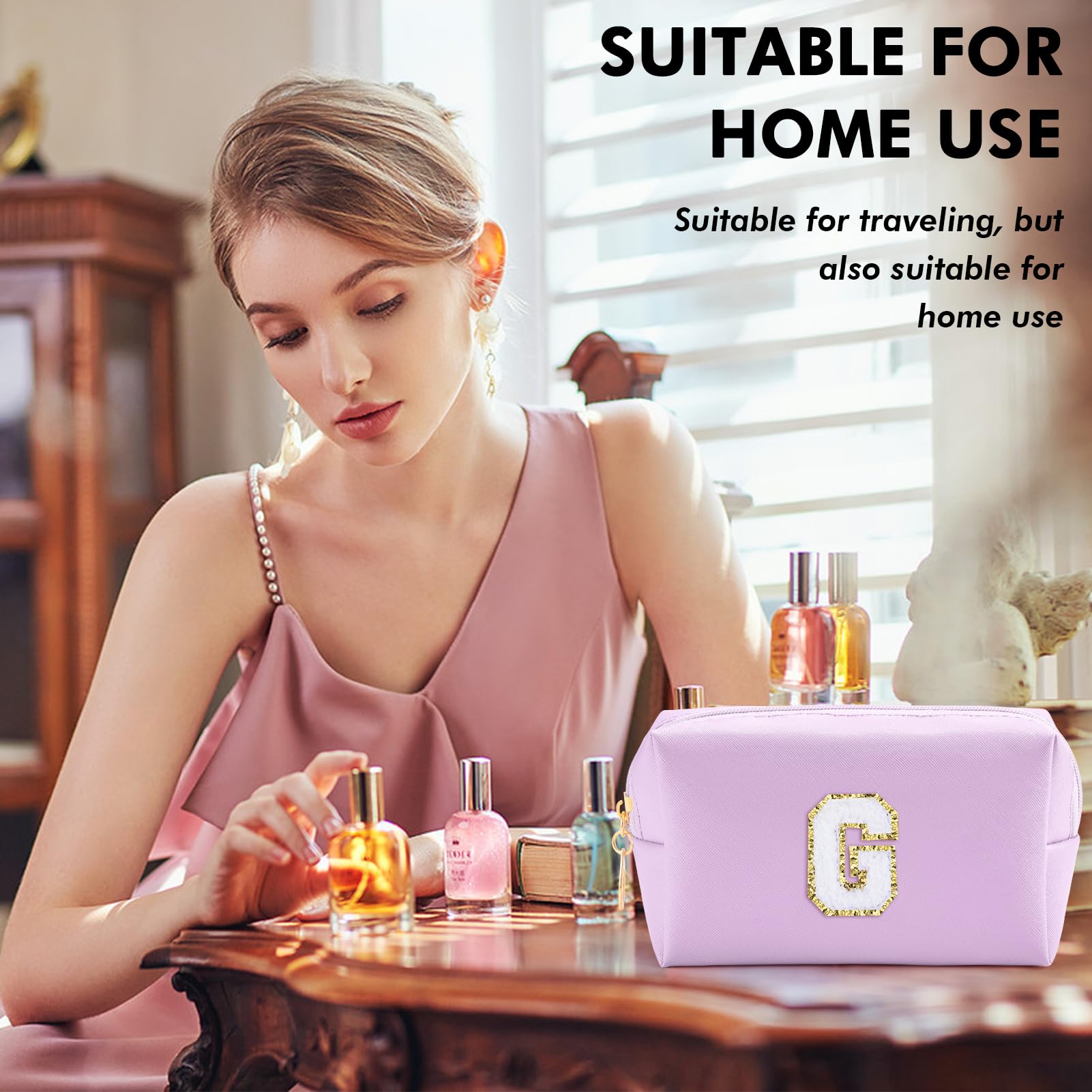URSKYTOUS Gifts for Girls Initial Makeup Bag Personalized Cosmetic Bag with Zipper Cute Travel Toiletry Bag Waterproof PU Preppy Makeup Pouch Birthday Gift for Teen Girls Women(Purple G)