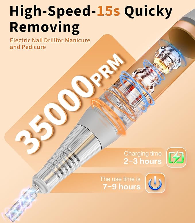 Electric Nail Drill Professional, Portable Rechargeable 35000 RPM - Cordless Electric Nail File Machine Kit for Acrylic Gel Polishing Removing, Manicure at Home DIY & Salon (Orange)