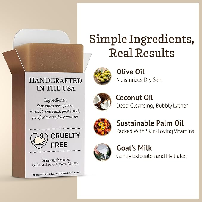 Southern Natural Goat Milk Soap Bar Oatmeal Milk & Honey, 3 Pack, Dry Skin