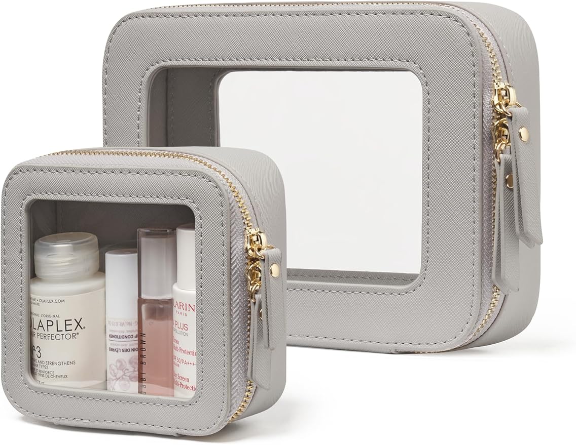 Popvibe Clear Makeup Case Toiletry Bag Travel Medium Clear Cosmetic Bag with Zipper, Make Up Bag Organizer Traveling TSA Approved Transparent Bag Car for Essentials, Mini & Medium, Beige Grey