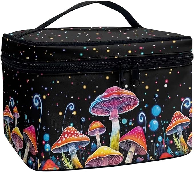 Drydeepin Colorful Mushrooms Pattern Makeup Bag Travel Cosmetic Bag with Zipper and Handle Portable Large Capacity Toiletry Case for Women Ladies Travel Accessories