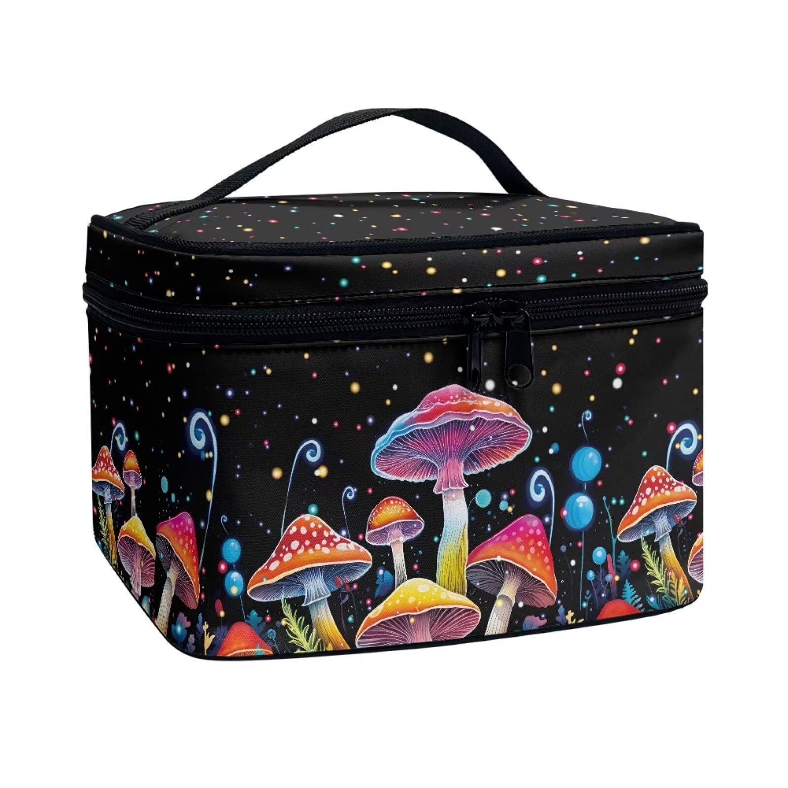 Drydeepin Colorful Mushrooms Pattern Makeup Bag Travel Cosmetic Bag with Zipper and Handle Portable Large Capacity Toiletry Case for Women Ladies Travel Accessories
