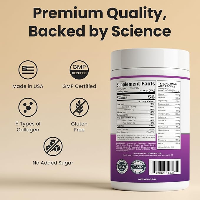 VITASEI Hydrolyzed Collagen Peptide Powder Drink – Coconut Flavored, 16oz