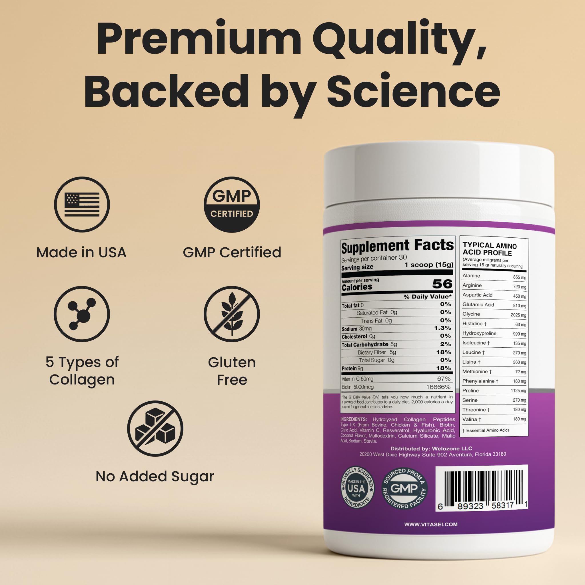 VITASEI Hydrolyzed Collagen Peptide Powder Drink – Soy-Based Coconut, 16oz