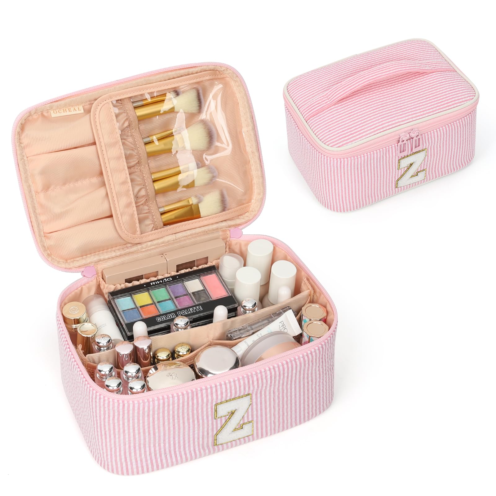 OCHEAL Makeup Bag for Women, Monogram Cosmetic Bag Pink Travel Makeup Case Beauty Toiletry Bag Organizer Personalized Gifts for Girls Bridesmaid, Sister, Wife, Friends Initial Z